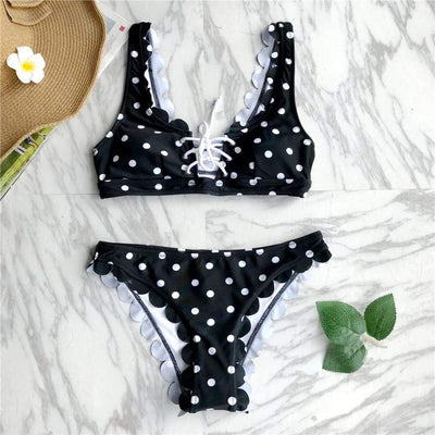 Bikini "Nuit Noire" - Maillot de bain 2 pièces noir à pois blanc pour femme - B3.Kini