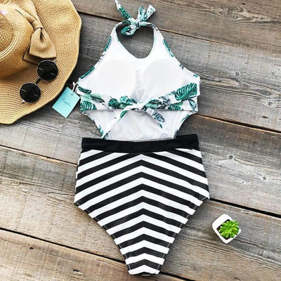 Monokini "Nature" - Maillot de bain 1 pièce imprimé nature et rayures pour femme - B3.Kini