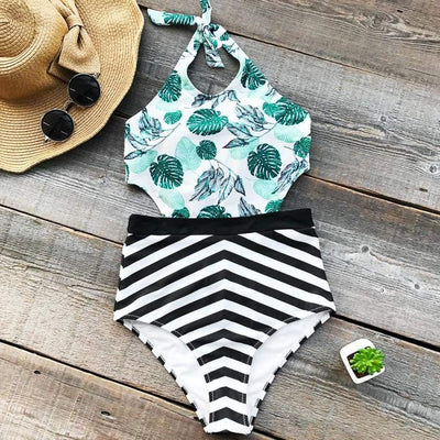 Monokini "Nature" - Maillot de bain 1 pièce imprimé nature et rayures pour femme - B3.Kini