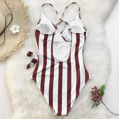 Monokini "Rayure" - Maillot de bain 1 pièce blanc à rayures rouges  pour femme - B3.Kini