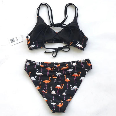 Bikini "Love Flamingo" - Maillot de bain 2 pièces noir motif flamand rose pour femme - B3.Kini